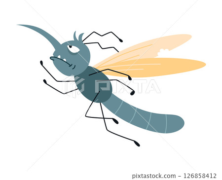 Cartoon mosquito, funny character. Bloodsucker insect, color flat icon. Cute mosquito isolated vector illustration 126858412