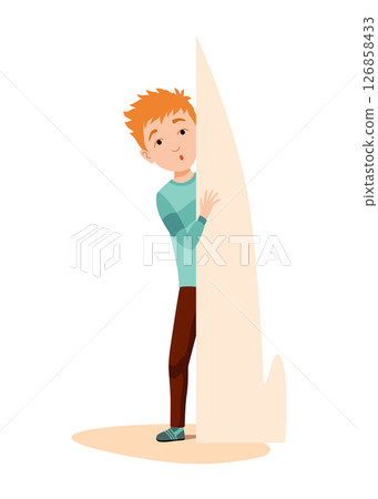 Kid playing hide and seek. Playing game outdoor in summer vacations. Boy having fun outdoors, summer playtime. Vector cartoon illustration 126858433