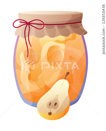 Jam jar with slice of pear. Homemade berries and fruit jam, natural organic product. Breakfast food, sweet fruit dessert vector illustration. Winter pot on white background Jam jar with slice of pear. Homemade berries and fruit jam, natural organic product. Breakfast food, sweet fruit dessert vector illustration. Winter pot on white background 126858436