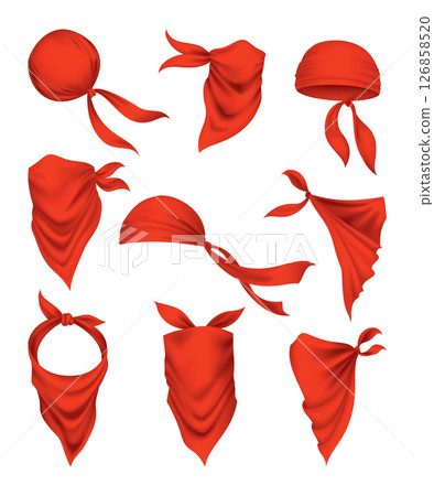 Red realistic bandana on neck. Youth fashion neck scarf or cowboy garment element template. Biker face scarf, bandanna neck shawl. Blank handkerchief unisex uniform. Western clothes 126858520