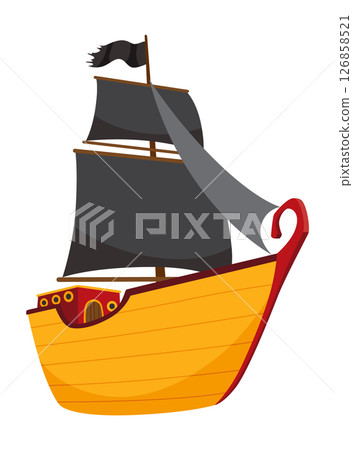 Stylized cartoon pirate ship illustration with black sails. Cute vector icon. Pirate Ship sailing on water Stylized cartoon pirate ship illustration with black sails. Cute vector icon. Pirate Ship sailing on water 126858521