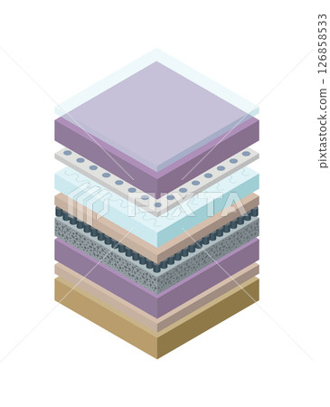 Layered orthopedic mattress icon. Isometric bed section layers. Fabric breathable material, structure for correct sleeping position. Soft filler, comfort synthetic fiber 126858533