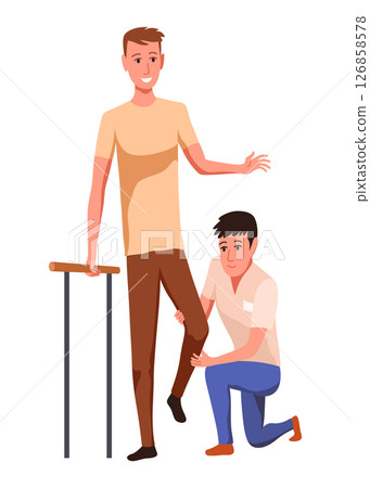 Therapist helping patient during physio therapy and rehabilitation. Physiotherapy treatment for man with physical disabilities. Flat graphic vector illustration isolated on white background 126858578