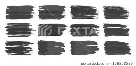 Paint brush. Black ink grunge brush strokes. Vector paintbrush set. Grunge design elements. Painted ink stripes. Creative isolated spots. Ink smudge abstract shape stains and smear set 126858586