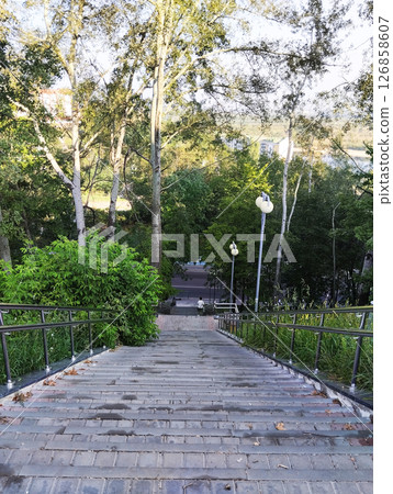 A long staircase down between bushes, trees and lanterns. Stairs in the park 126858607