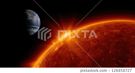 Earth and Sun in Outer Space with Solar Flares 126858727