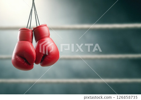 Red Boxing Gloves Hanging in the Ring 126858735