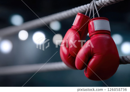 Boxing Gloves Hanging on Ropes in Arena 126858736