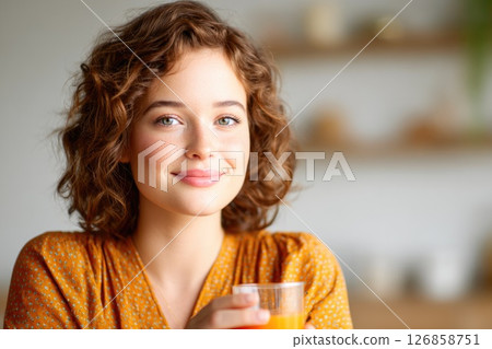 Smiling Woman Holding Orange Juice Indoors 126858751