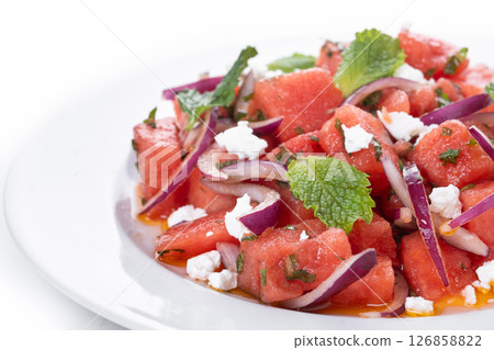 Fresh Watermelon Feta Salad with Mint and Red Onion isolated on white background 126858822
