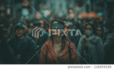 Blindfolded Woman Wearing Headphones Amidst Urban Crowd in City Street 126859189