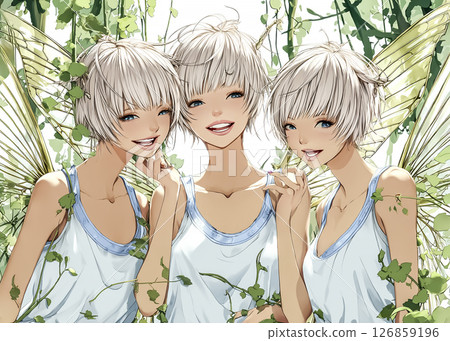 Illustration material of three pixie fairy sisters walking in the forest 126859196