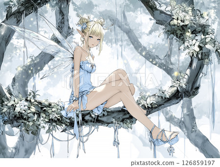 Illustration material of a pixie fairy sitting on a large tree branch 126859197