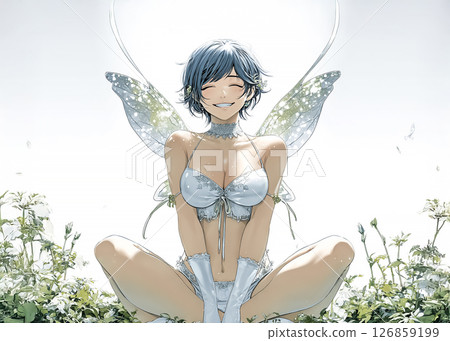 Illustration material of a smiling pixie fairy sitting in a flower field 126859199