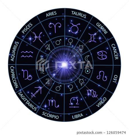 Wheel of twelve signs and zodiac symbol, horoscope, astrology, fortune telling, neon glow, bright translucent background, illustration. 126859474