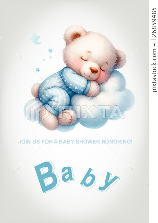 Little Teddy Bear Sleeping Hugging a Cloud. Birthday Invitation. 126859485