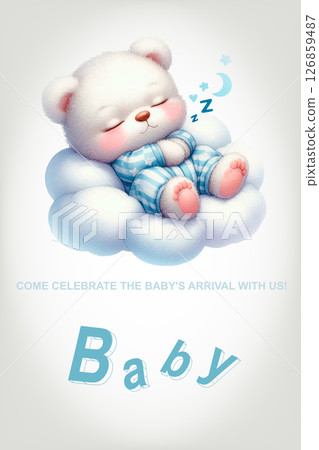 Little Teddy Bear Sleeping Hugging a Cloud. Birthday Invitation. Little Teddy Bear Sleeping Hugging a Cloud. Birthday Invitation. 126859487