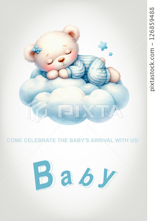 Little Teddy Bear Sleeping Hugging a Cloud. Birthday Invitation. 126859488