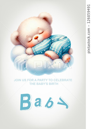 Little Teddy Bear Sleeping Hugging a Cloud. Birthday Invitation. 126859491
