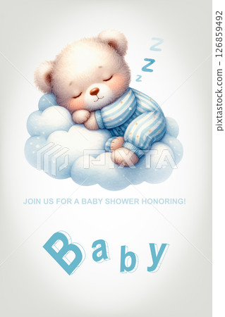 Little Teddy Bear Sleeping Hugging a Cloud. Birthday Invitation. 126859492