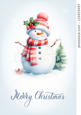 Snowman with a happy expression, rosy cheeks, carrot nose and knitted red and white striped scarf. Greeting card with calligraphic inscription Merry Christmas. Snowman with a happy expression, rosy cheeks, carrot nose and knitted red and white striped scarf. Greeting card with calligraphic inscription Merry Christmas. 126859497
