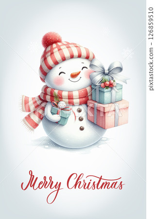 Snowman with a happy expression, rosy cheeks, carrot nose and knitted red and white striped scarf. Greeting card with calligraphic inscription Merry Christmas. Snowman with a happy expression, rosy cheeks, carrot nose and knitted red and white striped scarf. Greeting card with calligraphic inscription Merry Christmas. 126859510