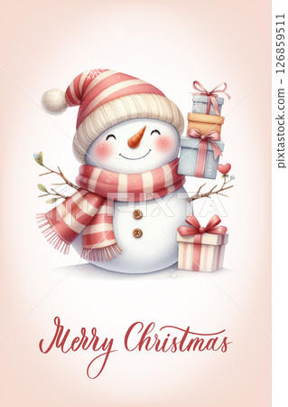 Snowman with a happy expression, rosy cheeks, carrot nose and knitted red and white striped scarf. Greeting card with calligraphic inscription Merry Christmas. Snowman with a happy expression, rosy cheeks, carrot nose and knitted red and white striped scarf. Greeting card with calligraphic inscription Merry Christmas. 126859511