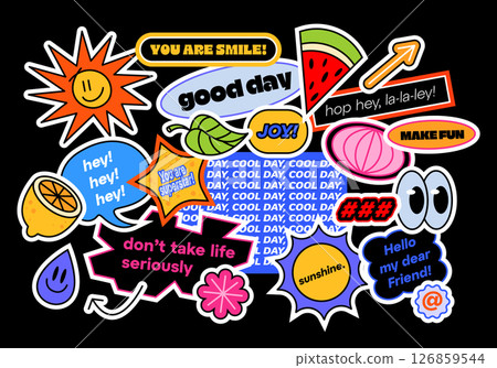Funny collection of y2k patches, labels, tags, stamps. Stickers with short phrases in retro cartoon style. Groovy vector set, trendy promo labels in 90s hipster grunge funk style. Flat illustrations. 126859544