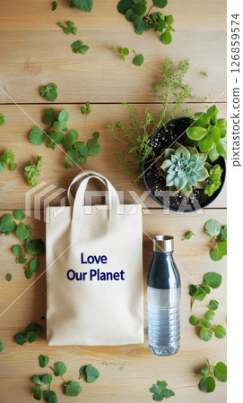 Eco-friendly flat lay with reusable bag, plants, and water bottle, background Eco-friendly flat lay with reusable bag, plants, and water bottle, background 126859574