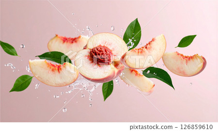 鮮切桃子和桃葉 126859610