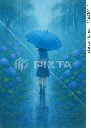 A girl in a sailor suit walking down a hydrangea street in the rain 126859645