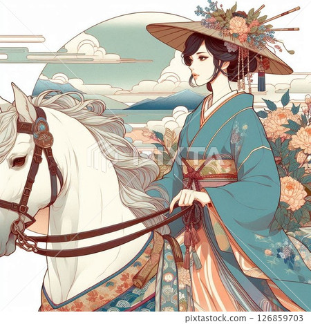 一位日本女性騎馬的插圖 126859703