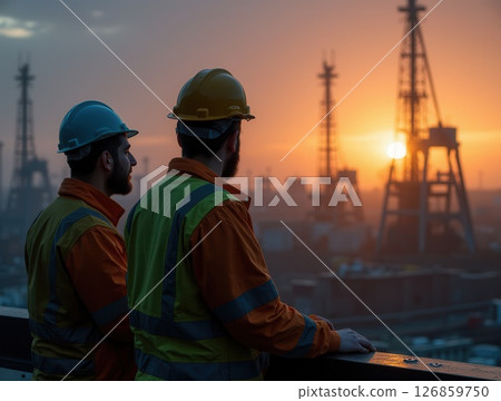 Two oil workers watching refinery at sunset 126859750
