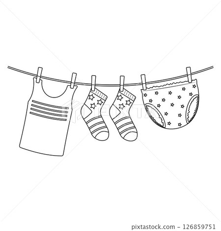 Wet children's clothes are drying, hung on a clothesline, black outline Wet children's clothes are drying, hung on a clothesline, black outline 126859751