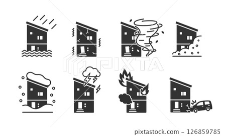 Disaster damage house silhouette illustration set Disaster damage house silhouette illustration set 126859785