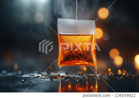 A tea bag dangling over a cup of boiling water, about to be dipped 126859822