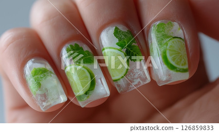 Creative nail art design featuring lime slices and mint leaves on clear nails Creative nail art design featuring lime slices and mint leaves on clear nails 126859833