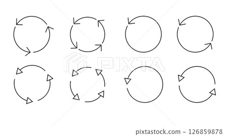 Set of circle arrows isolated. Circular Rotate arrow and spinning loading symbol. Different circular arrows of black color, different thickness and size. Vector Set of circle arrows isolated. Circular Rotate arrow and spinning loading symbol. Different circular arrows of black color, different thickness and size. Vector 126859878