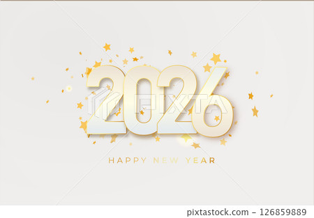 2026 gold metal number for New Year . Festive Christmas banner with falling confetti on bright background. Realistic Golden 3d number. Vector 2026 gold metal number for New Year . Festive Christmas banner with falling confetti on bright background. Realistic Golden 3d number. Vector 126859889
