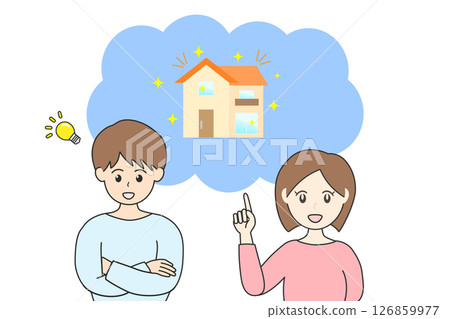 Illustration of buying a house. A young couple, a woman pointing up and a man with his arms folded, having an idea 126859977