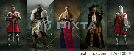 Banner. Composite collage. Group of warriors and knights from medieval fantasy in stands heroic poses. Concept of power, unity 126860009