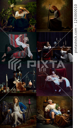 Composite collage. Humorous retro characters performing surreal actions in fantasy settings. Vertical image 126860010