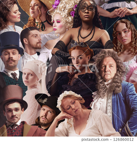 Handmade collage. Large group of historical characters in stylized retro outfits posing together. Wallpaper 126860012
