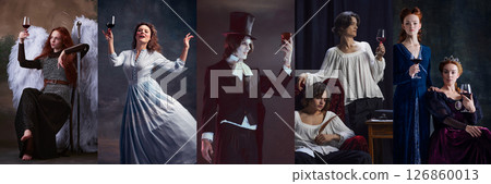 Handmade collage. Dramatic poses and expressive characters from different time periods with wine glasses against vintage background. 126860013