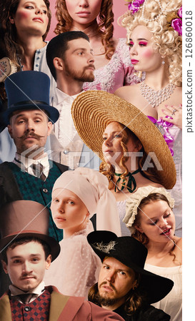 Handmade collage. Portrait cluster of people in vintage clothing from different historical eras. Concept of aristocracy, fashion, style blend 126860018