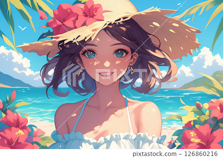 Beautiful woman in a straw hat on the beach 126860216