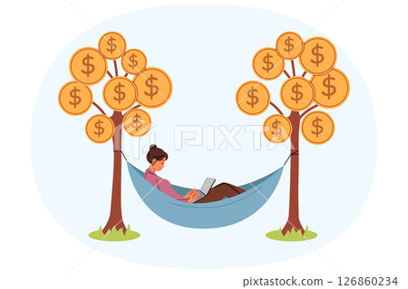 Successful woman earns passive income by lying in hammock between trees with coins and using laptop 126860234