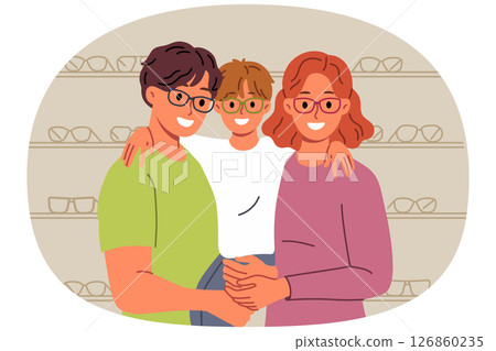 Family chooses new glasses for son, standing in ophthalmological store with happy boy in arms 126860235