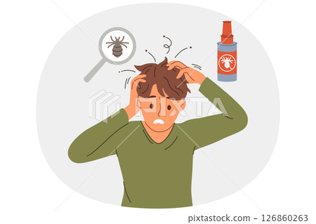Man with lice in hair experiences discomfort and itching due to parasites, needs medical treatment 126860263
