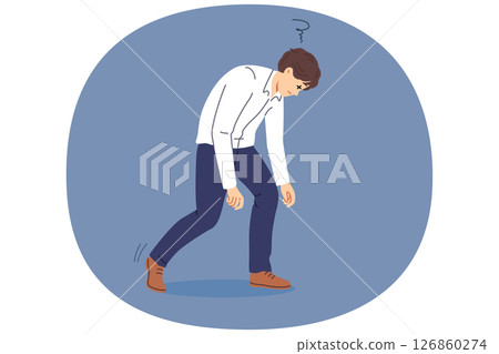 Tired man bends over and closes eyes due to exhaustion caused by overwork and overload Tired man bends over and closes eyes due to exhaustion caused by overwork and overload 126860274